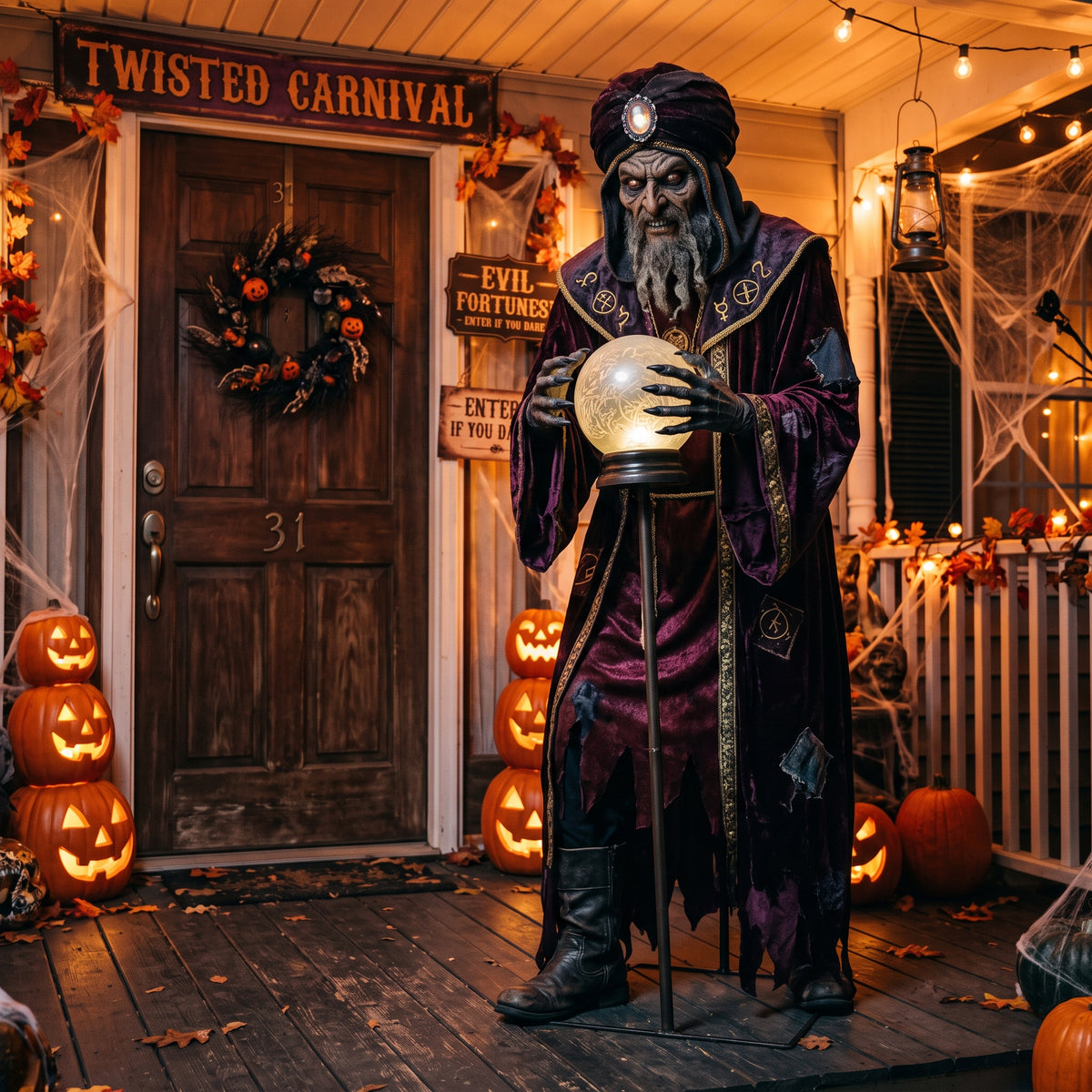 6' Animated Twisted Carnival Freak Show Evil Fortune Teller Figure Music Lights Motion Sensor Halloween Home Decor Accent Yard Prop