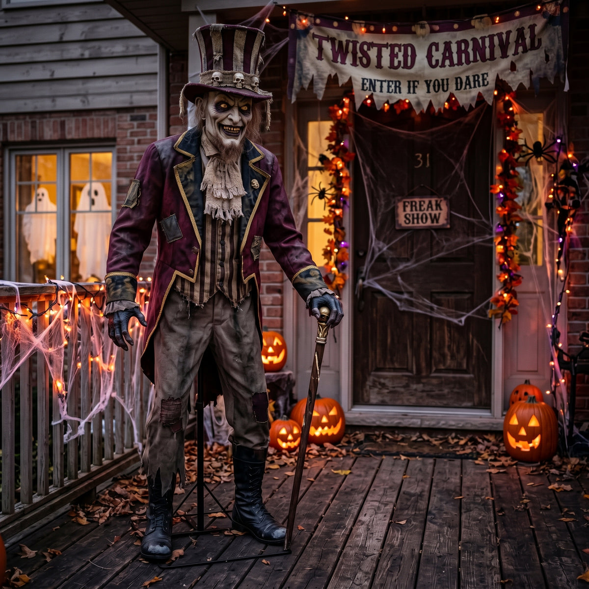 6' Animated Twisted Carnival Freak Show The Ringmaster Figure Music Lights Motion Sensor Halloween Home Decor Accent Yard Prop
