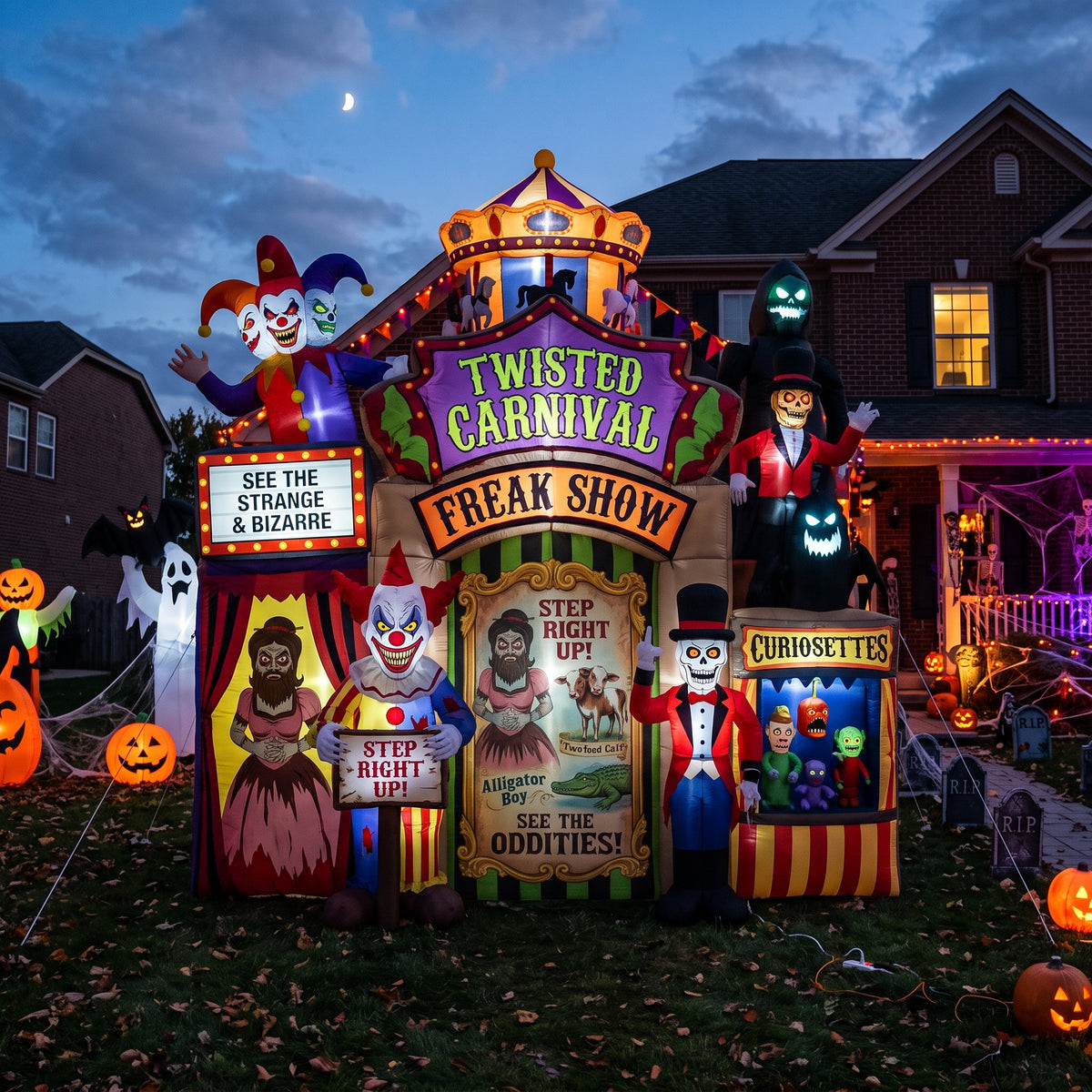 Massive 8-Foot-Tall Twisted Carnival Freak Show Colossal Multi-Tiered Halloween Yard Inflatable Scene Decor Prop