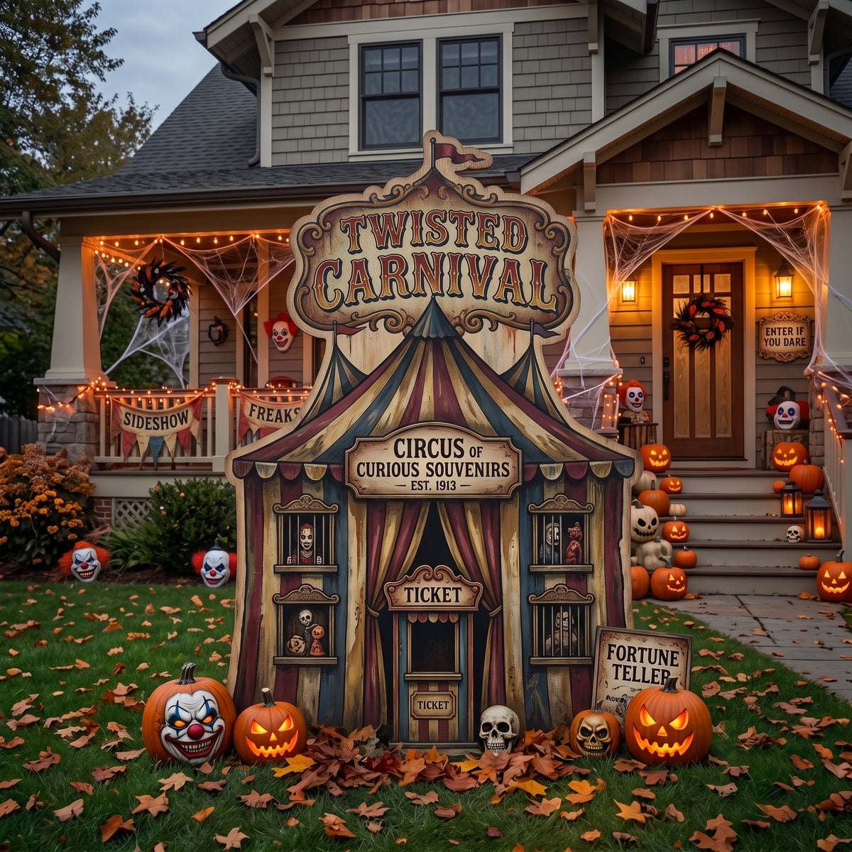 Life Size Twisted Circus Carnival Tent Premium Freestanding Halloween Cutouts Yard Sign Decor Party Prop