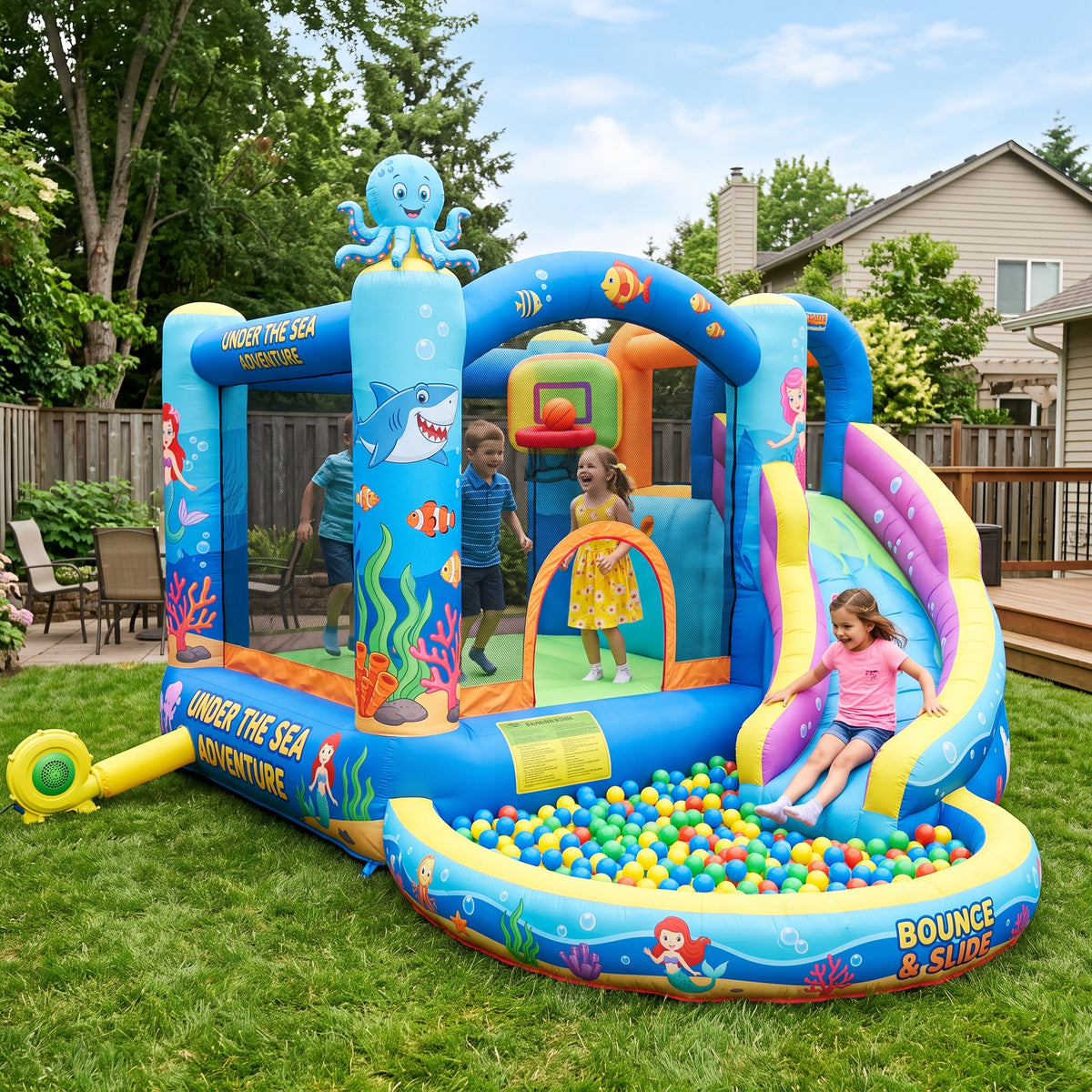 Play Bounce House Jumping Playhouse area with Slide and Ball Pit Under the Sea Theme