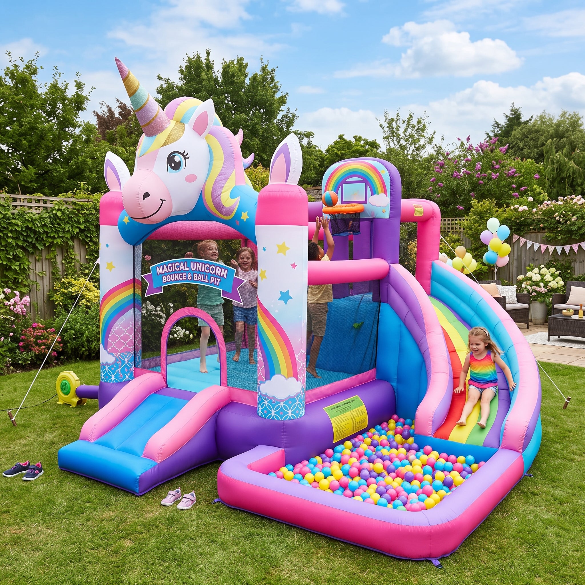 Play Bounce House Jumping Playhouse area with Slide and Ball Pit Magical Unicorn Theme