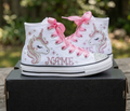 Custom Unicorn Face High-Top Sneakers Shoes Personalized with Name, Ribbon Laces & Rhinestones Birthday Parties Everyday Gift