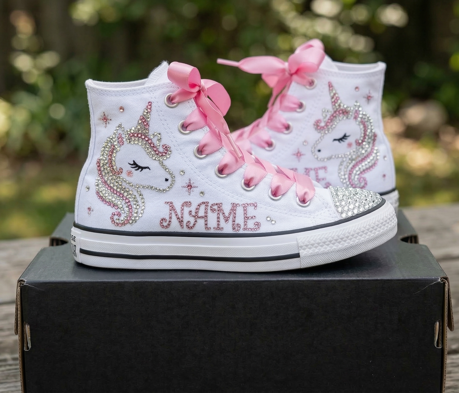 Custom Unicorn Face High-Top Sneakers Shoes Personalized with Name, Ribbon Laces & Rhinestones Birthday Parties Everyday Gift