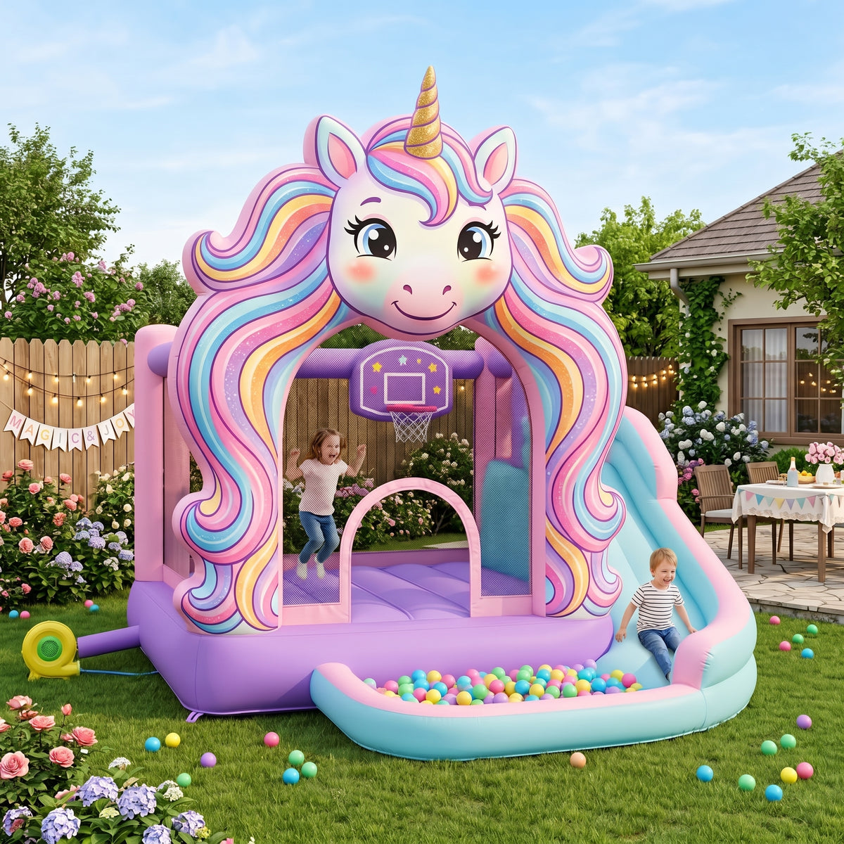 Play Bounce House Jumping Playhouse area with Slide and Ball Pit Magical Unicorn's Head Castle Theme