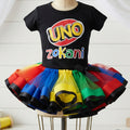 Uno Game Black Tutu Set Girls Personalized Custom Red Blue Yellow Green Ribbon Sewn Trim Tutu Outfit Dress Theme Cake Smash Birthday