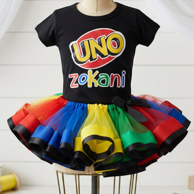 Uno Game Black Tutu Set Girls Personalized Custom Red Blue Yellow Green Ribbon Sewn Trim Tutu Outfit Dress Theme Cake Smash Birthday