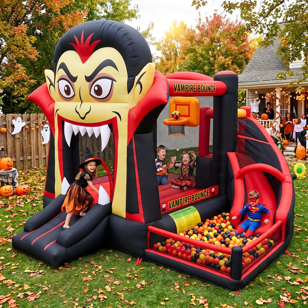 Play Bounce House Jumping Playhouse area with Slide and Ball Pit Halloween Vampire's Head Castle Theme