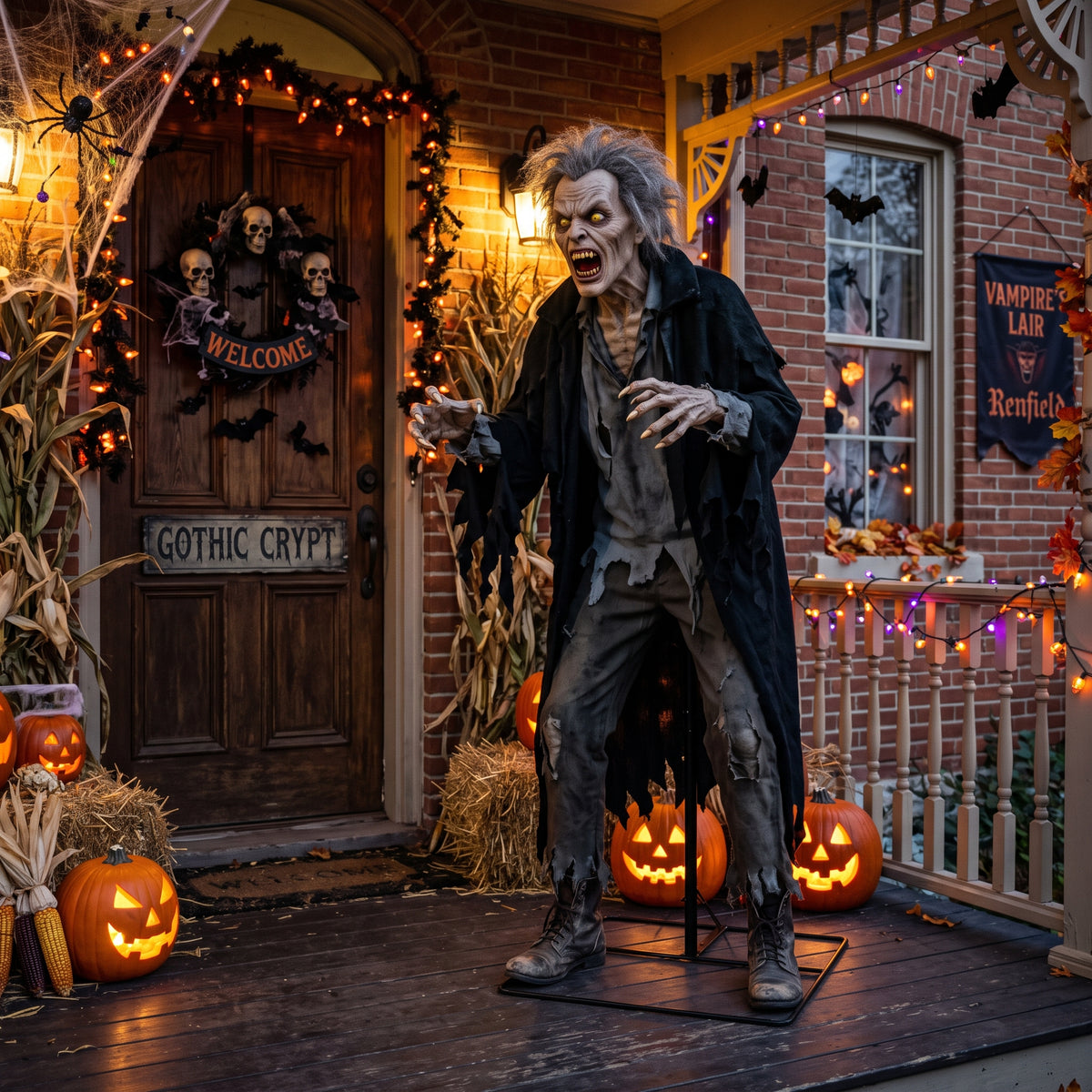 6' Animated Vampire's Lair / Gothic Crypt Feral Renfield Servant Figure Music Lights Motion Sensor Halloween Home Decor Accent Yard Prop
