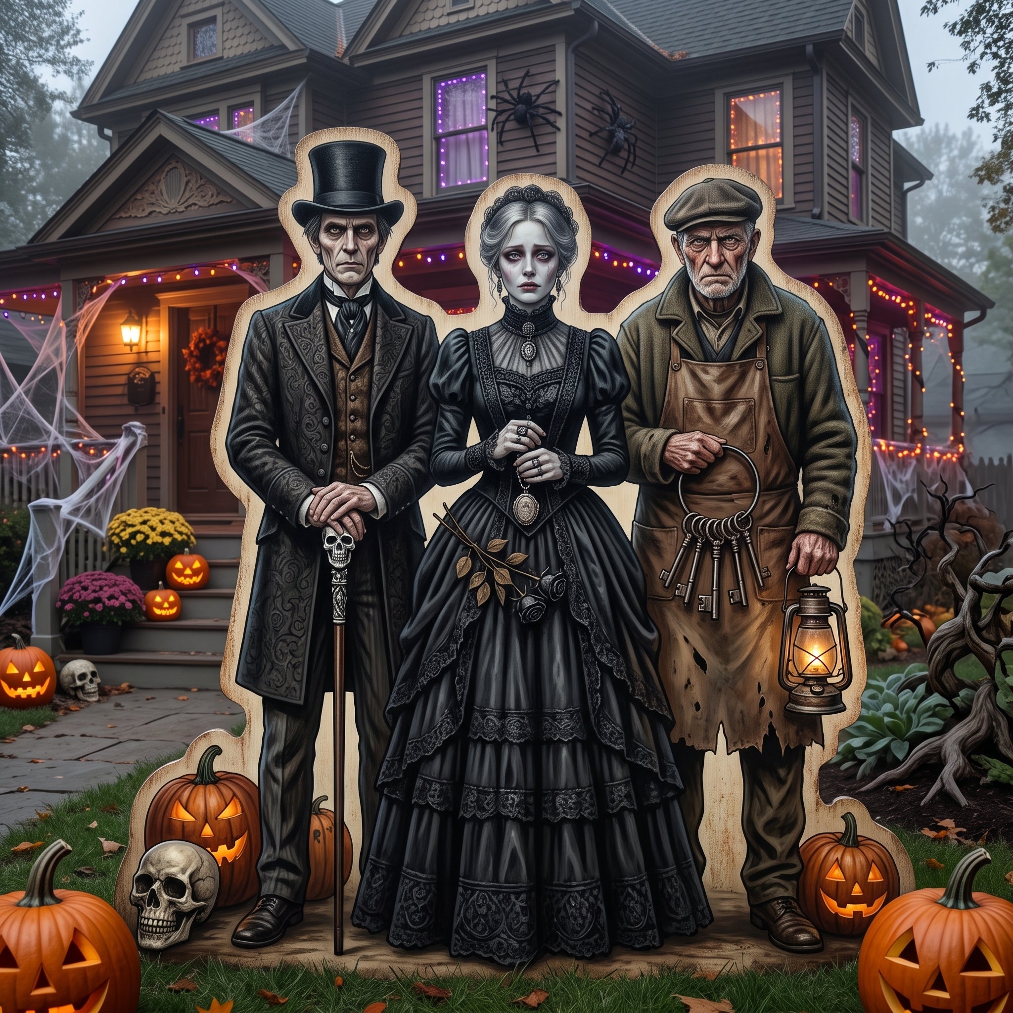 Life Size Victorian Haunted Mansion Characters Premium Freestanding Halloween Cutouts Yard Sign Decor Party Prop