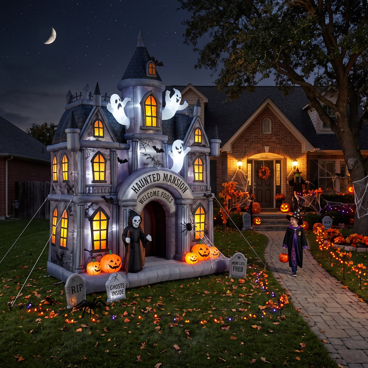 Massive 8-Foot-Tall Victorian Haunted Mansion Colossal Multi-Tiered Halloween Yard Inflatable Scene Decor Prop