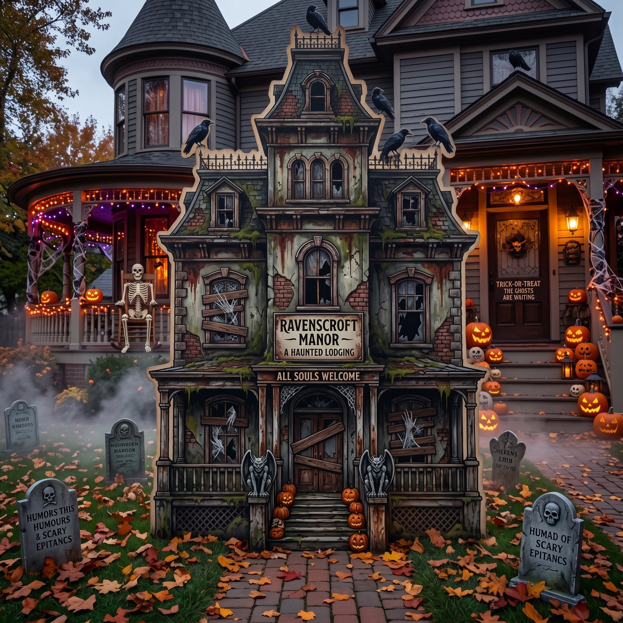 Life Size Victorian Haunted Mansion Premium Freestanding Halloween Cutouts Yard Sign Decor Party Prop