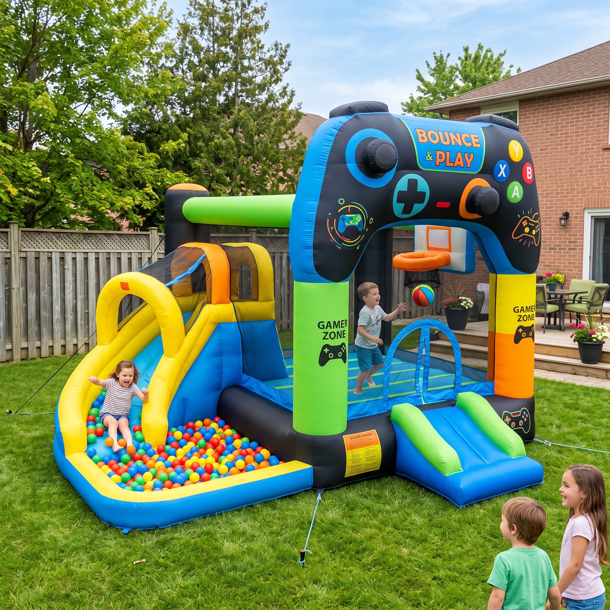 Play Bounce House Jumping Playhouse area with Slide and Ball Pit Video Game Theme