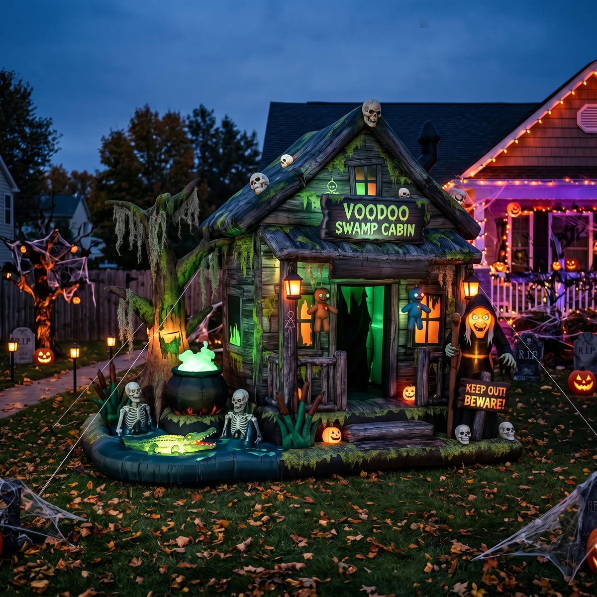Massive 8-Foot-Tall Voodoo Swamp Cabin Bayou Colossal Multi-Tiered Halloween Yard Inflatable Scene Decor Prop