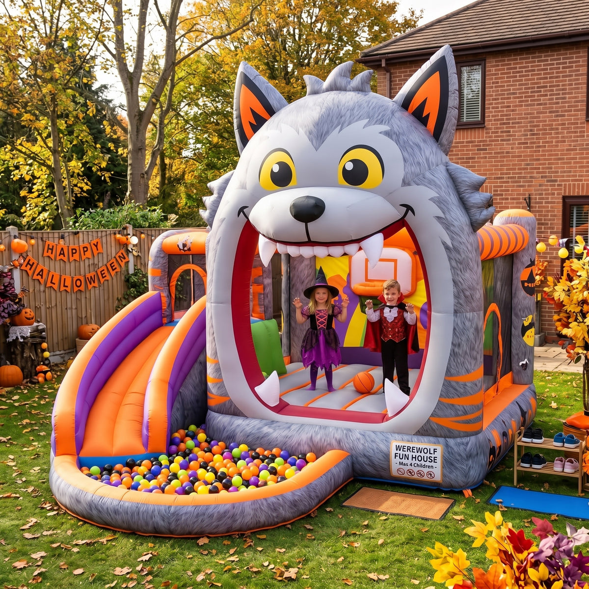 Play Bounce House Jumping Playhouse area with Slide and Ball Pit Halloween Werewolf's Head Castle Theme