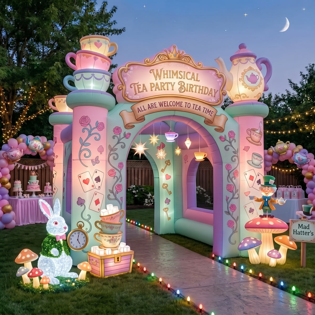 Whimsical Tea Party Theme Premium 10' x 10' Birthday House Inflatable Blow Up Walk-Through Archway Experience Decor Prop