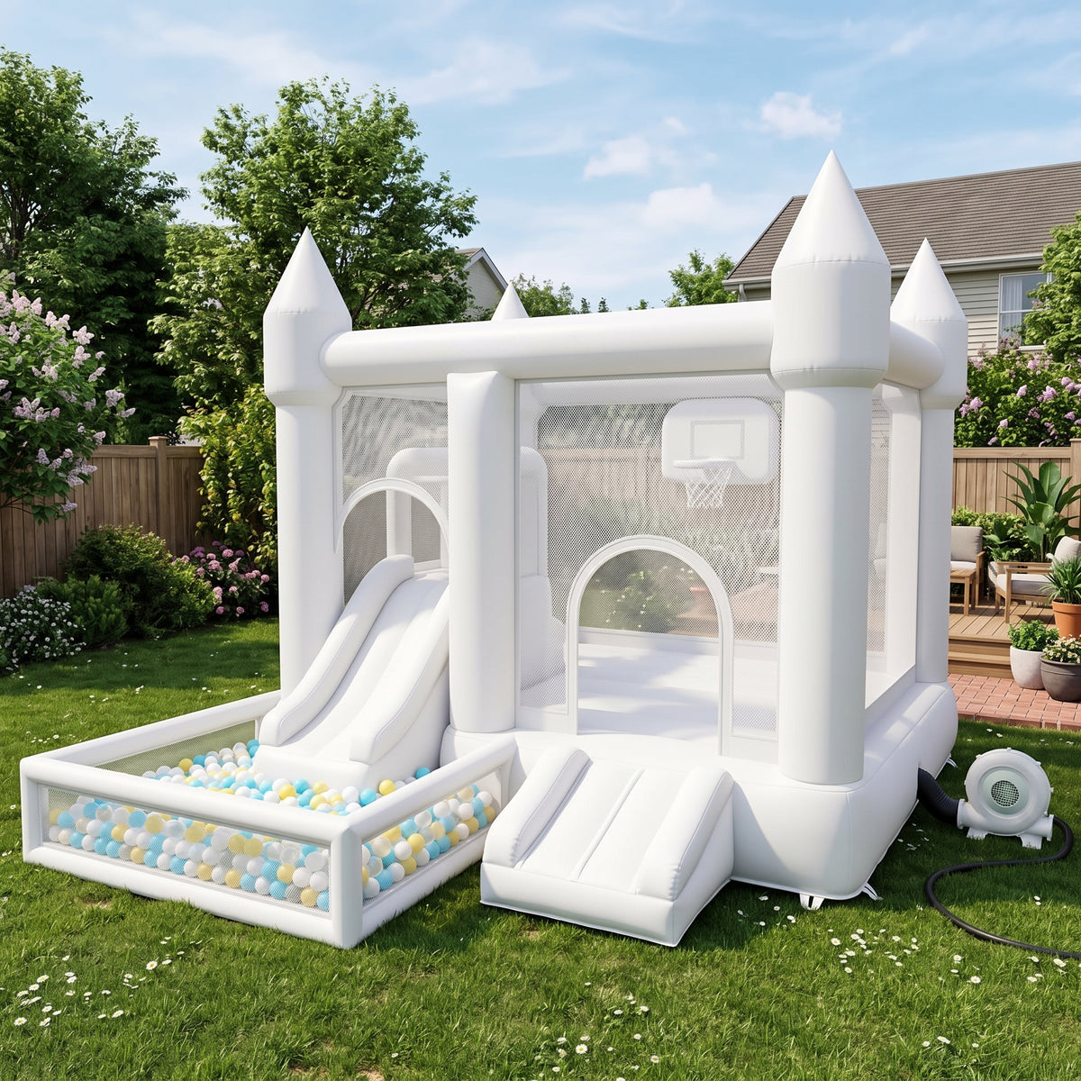 Play Bounce House Jumping Playhouse area with Slide and Ball Pit White Theme