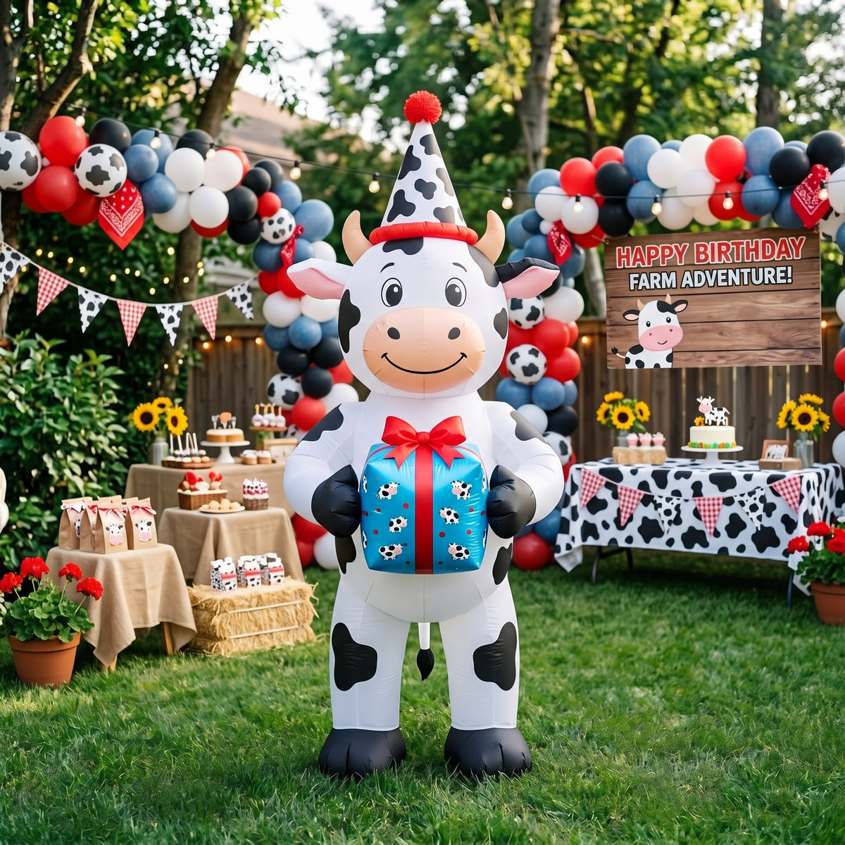 5' Farm White Cow with Birthday Hat and Present Yard Birthday Inflatable Blow Up Decor Prop