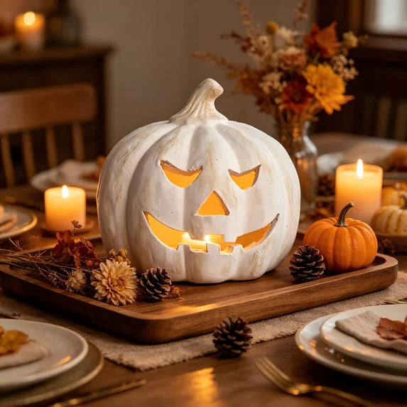 7.8" White Rustic Jack o Lantern Pumpkin Flameless Candle Halloween Home Decor Accent Yard Tabletop Prop