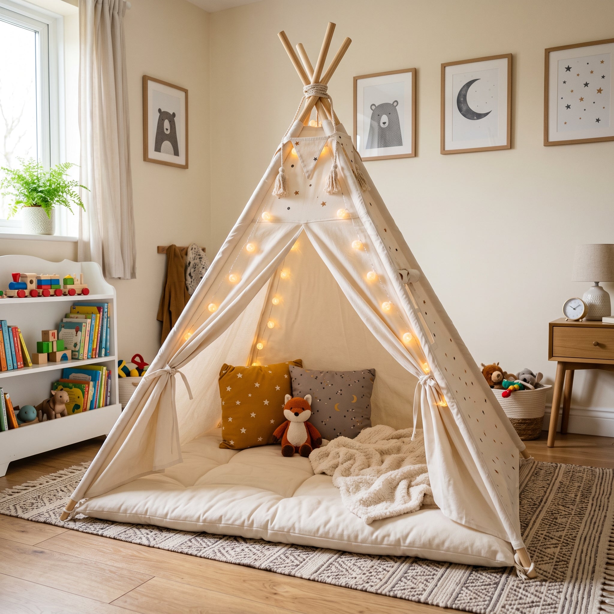 Off White Kids Teepee Play Tent with String Lights & Thick Padded Mat Tipi Playhouse Bedroom Playroom Decor