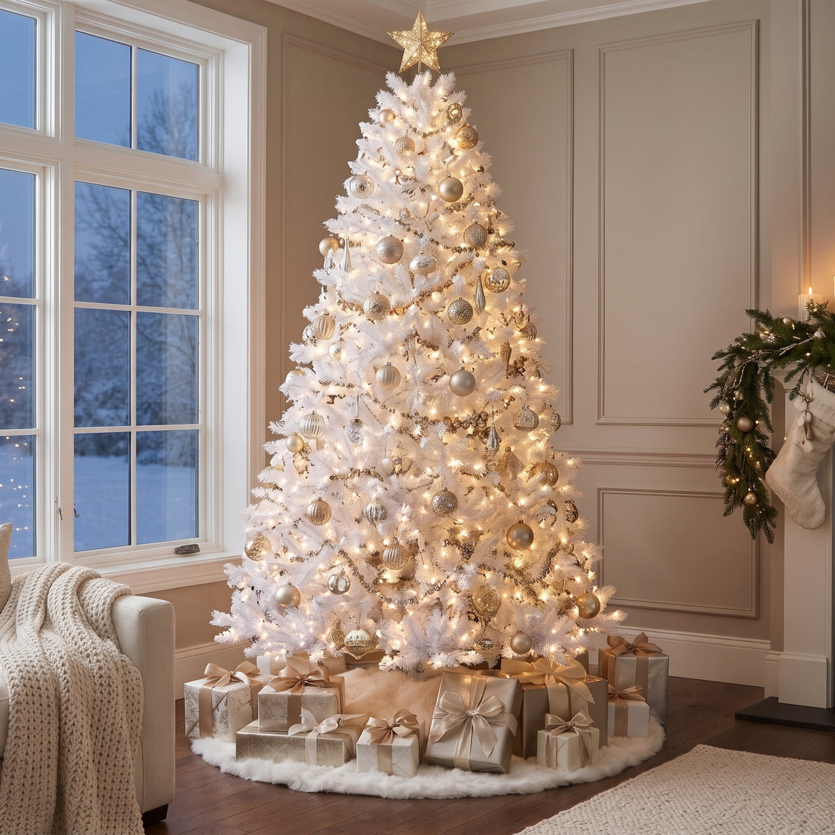 7-Foot Pre-Lit Alpine White Artificial Christmas Tree Life Size Christmas Decor