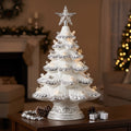 20-Inch Pre-Lit Hand-Painted Glossy Ceramic White and Silver Christmas Tree Statue with Star Topper Christmas Decor