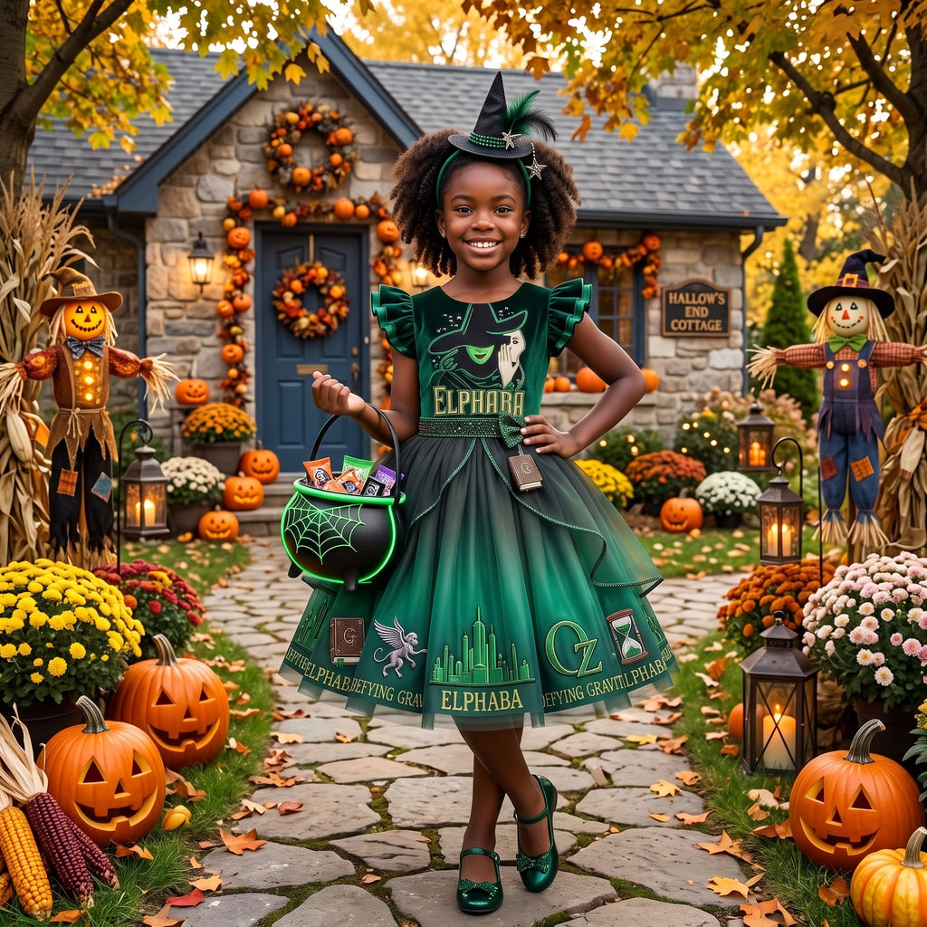 Wicked Elphaba Girls' Deluxe Sparkle Tutu Party Costume Dress Set with Matching Headband Halloween Birthday Pageant