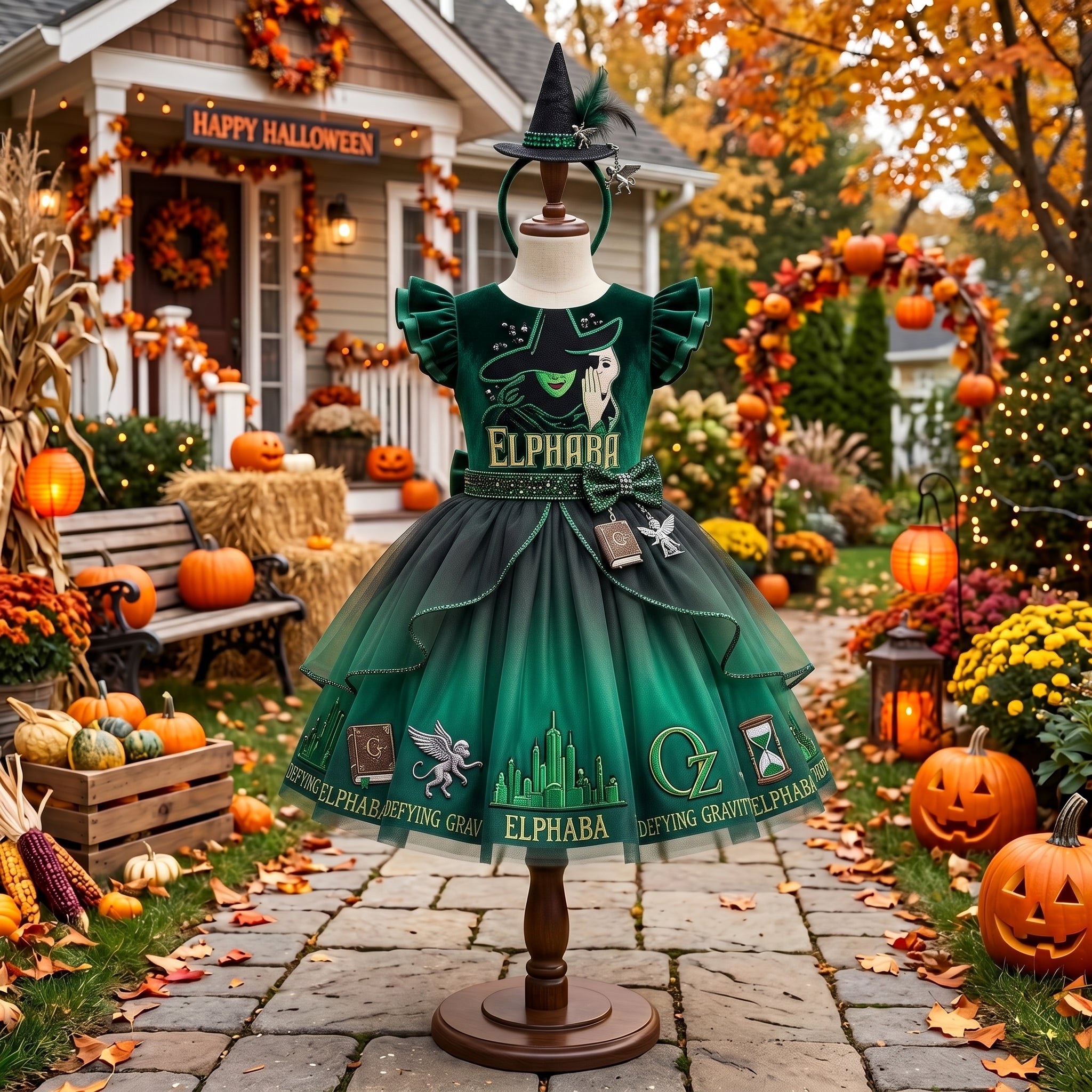 Wicked Elphaba Girls' Deluxe Sparkle Tutu Party Costume Dress Set with Matching Headband Halloween Birthday Pageant