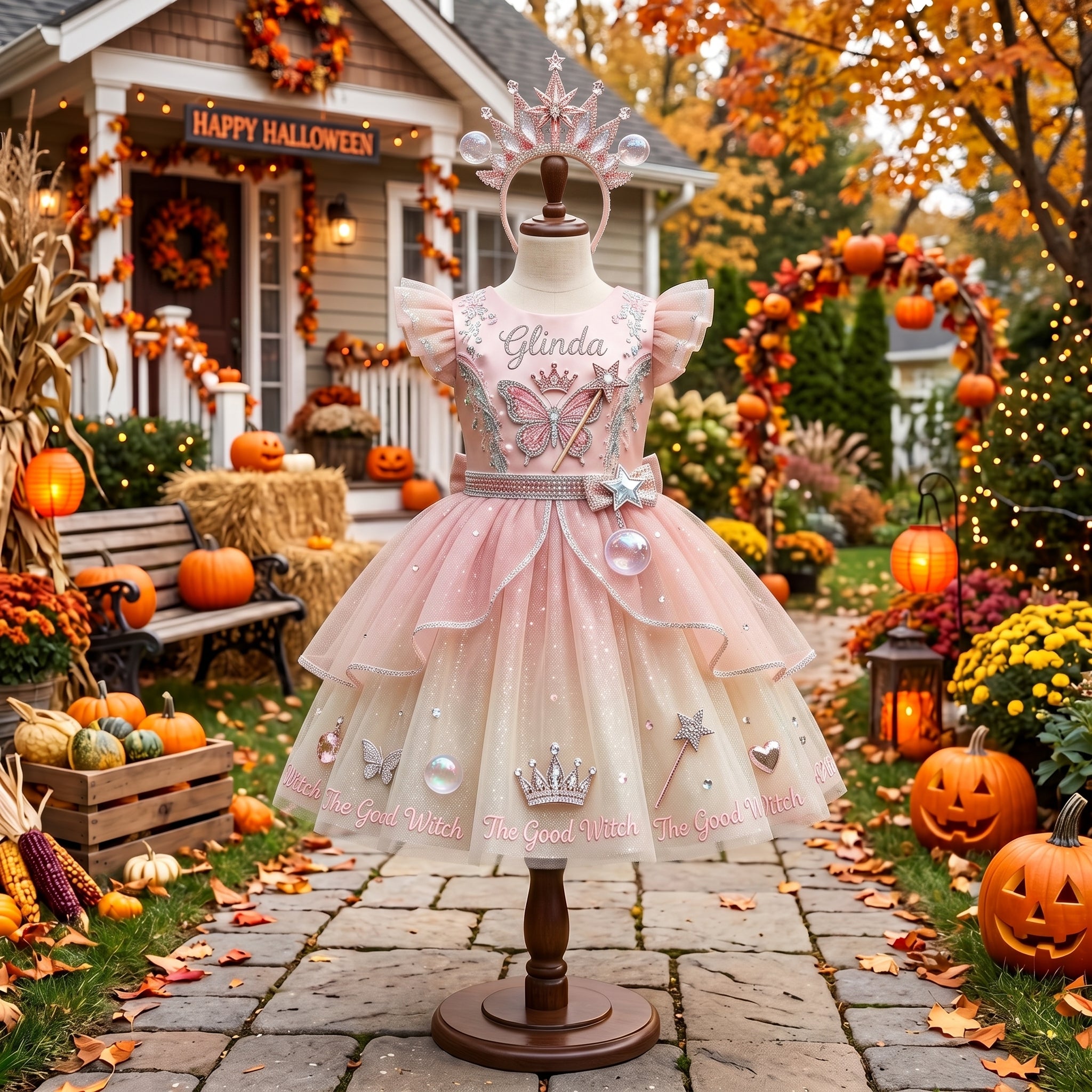 Wicked Glinda Girls' Deluxe Sparkle Tutu Party Costume Dress Set with Matching Headband Halloween Birthday Pageant