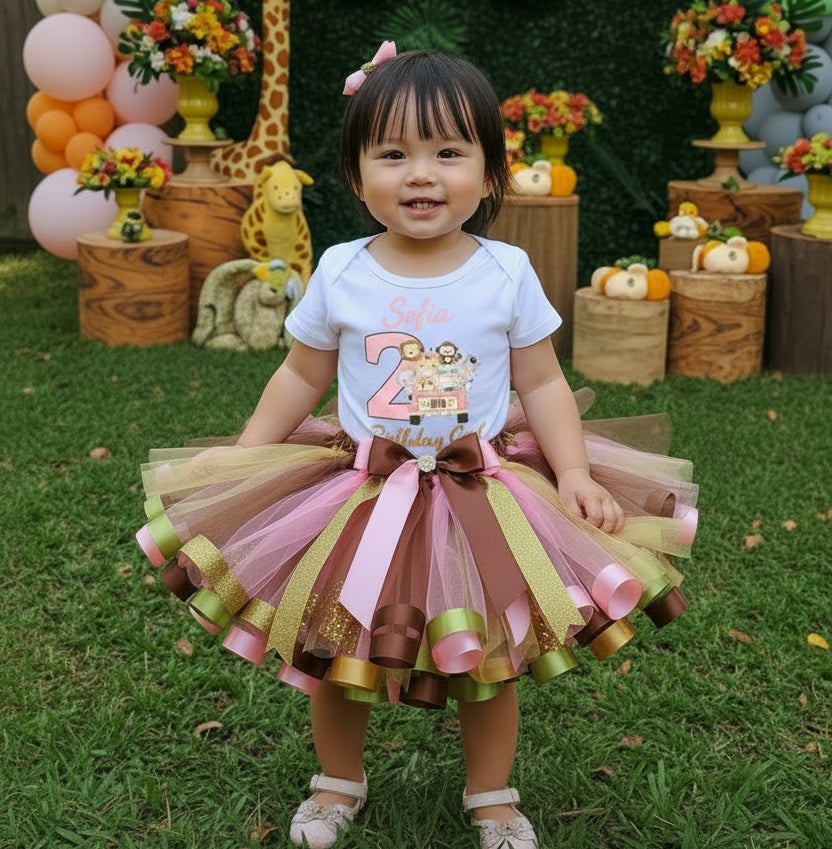 Girls Wild One Safari Animals Tutu Set Girls Personalized Custom Pink Green Brown Gold Ribbon Sewn Trim Tutu Outfit Dress Theme Cake Smash Birthday Party