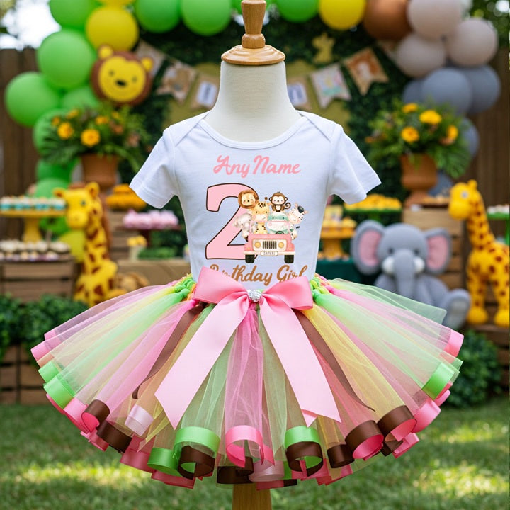 Girls Wild One Safari Animals Tutu Set Girls Personalized Custom Pink Green Brown Ribbon Sewn Trim Tutu Outfit Dress Theme Cake Smash Birthday Party