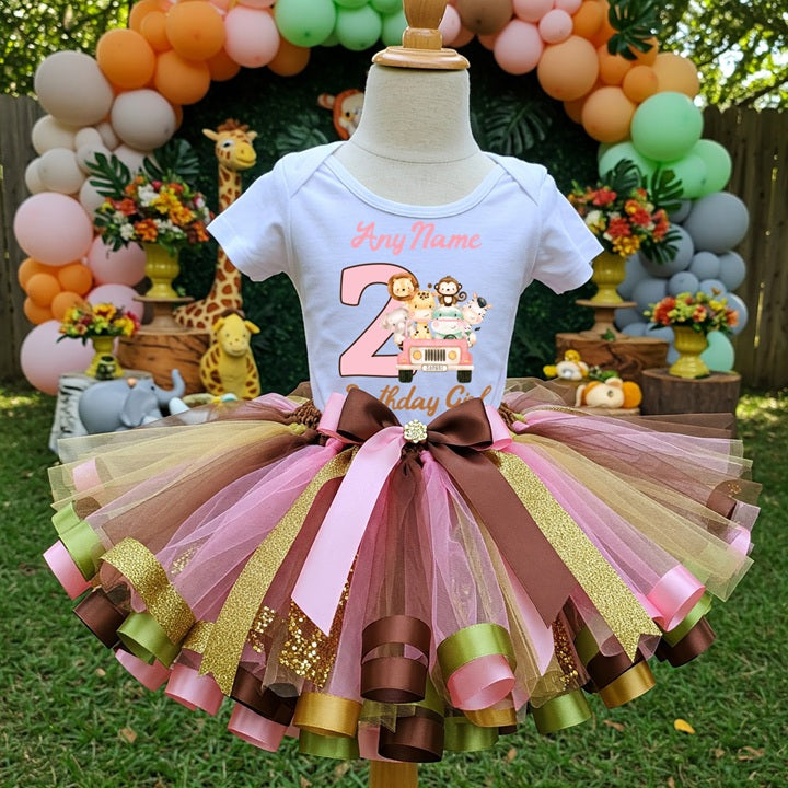 Girls Wild One Safari Animals Tutu Set Girls Personalized Custom Pink Green Brown Gold Ribbon Sewn Trim Tutu Outfit Dress Theme Cake Smash Birthday Party