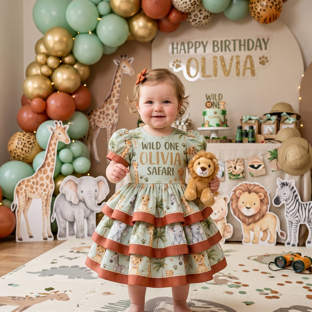 Wild One Safari Animals Girls Personalized Custom Tiered Ruffle Dress Ribbon Trim Theme Cake Smash Birthday Party