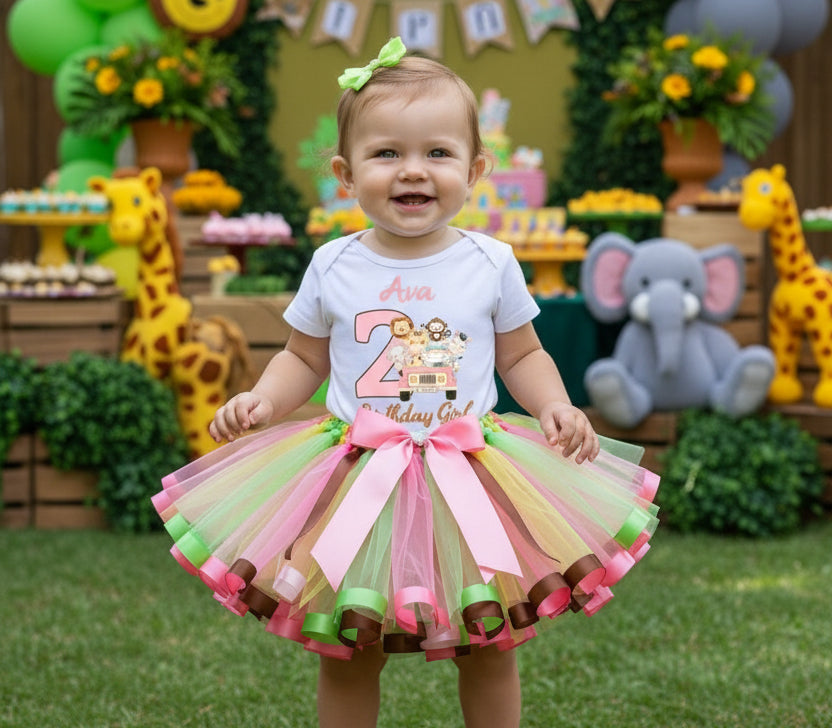 Girls Wild One Safari Animals Tutu Set Girls Personalized Custom Pink Green Brown Ribbon Sewn Trim Tutu Outfit Dress Theme Cake Smash Birthday Party