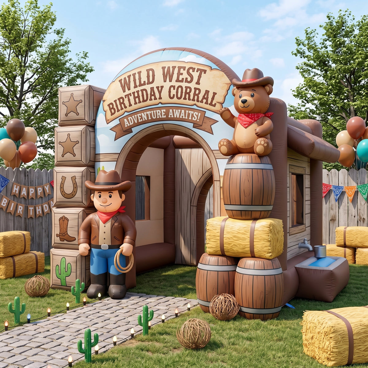 Wild West Cowboy Theme Premium 10' x 10' Birthday House Inflatable Blow Up Walk-Through Archway Experience Decor Prop