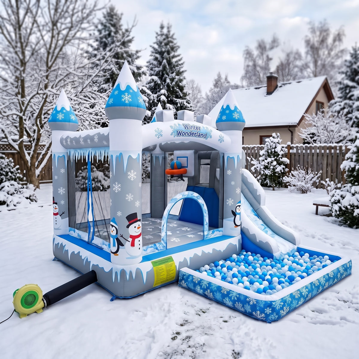Play Bounce House Jumping Playhouse area with Slide and Ball Pit Winter Wonderland Theme