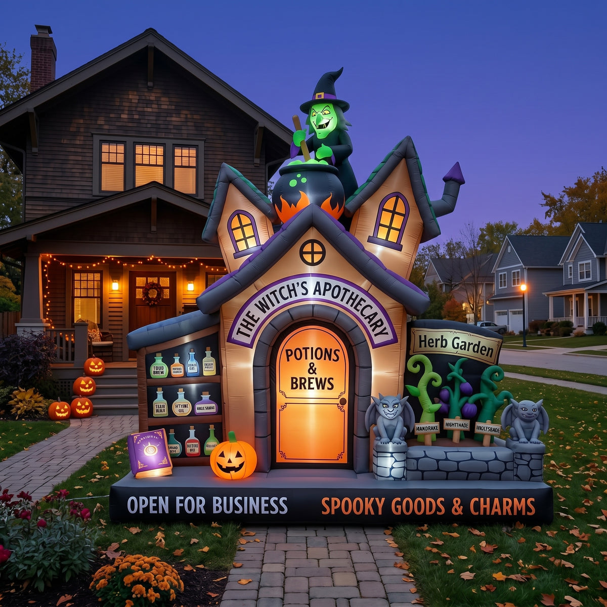 Massive 8-Foot-Tall Witch Shop Colossal Multi-Tiered Halloween Yard Inflatable Scene Decor Prop