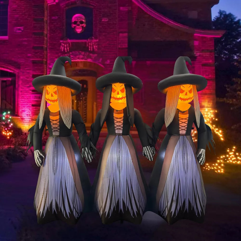 7' Light Up Jack o Lantern Witch Trio Halloween Inflatable Blow Up Home Decor Accent Yard Prop