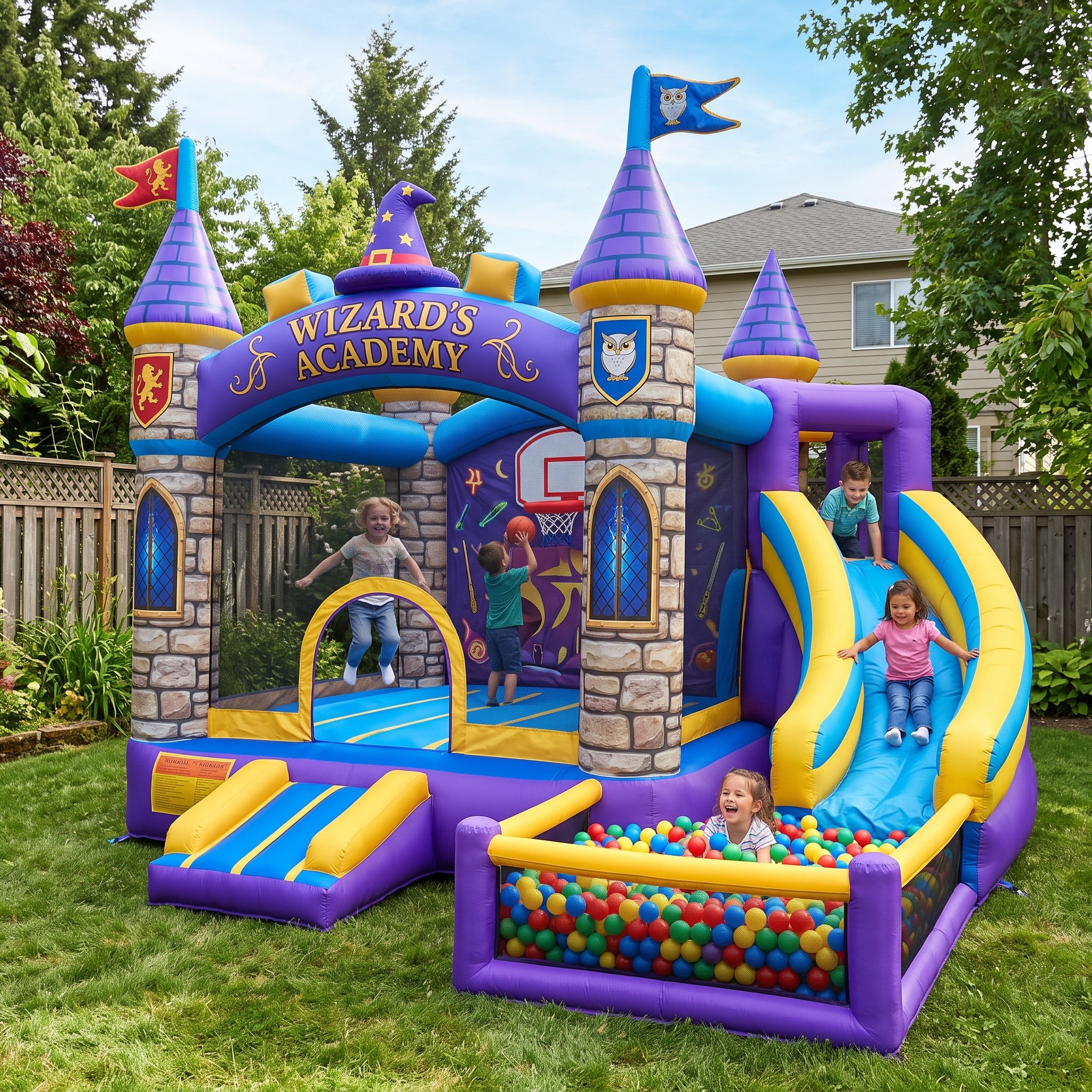 Play Bounce House Jumping Playhouse area with Slide and Ball Pit Wizard School Academy Theme