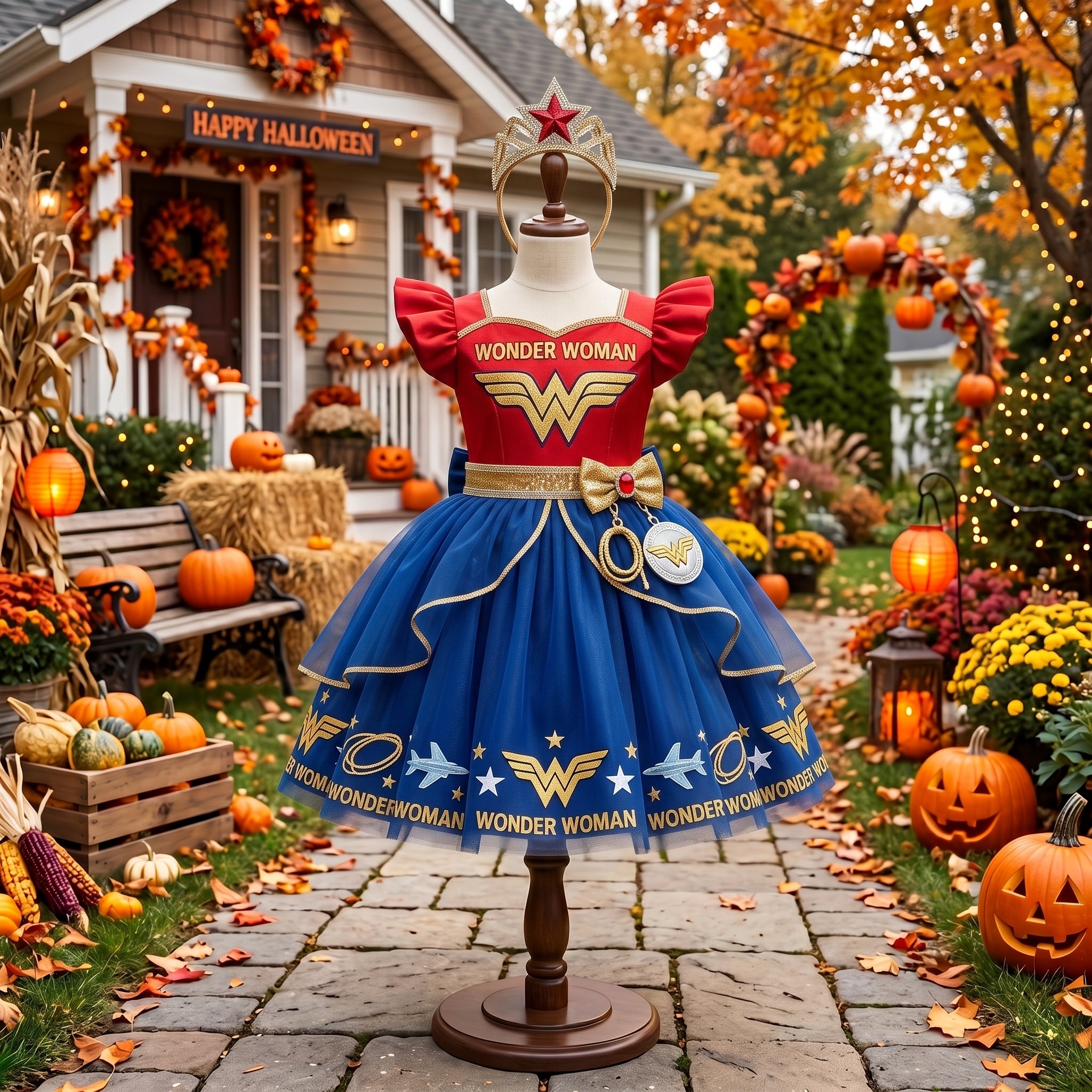 Wonder Woman Girls' Deluxe Sparkle Tutu Party Costume Dress Set with Matching Headband Halloween Birthday Pageant