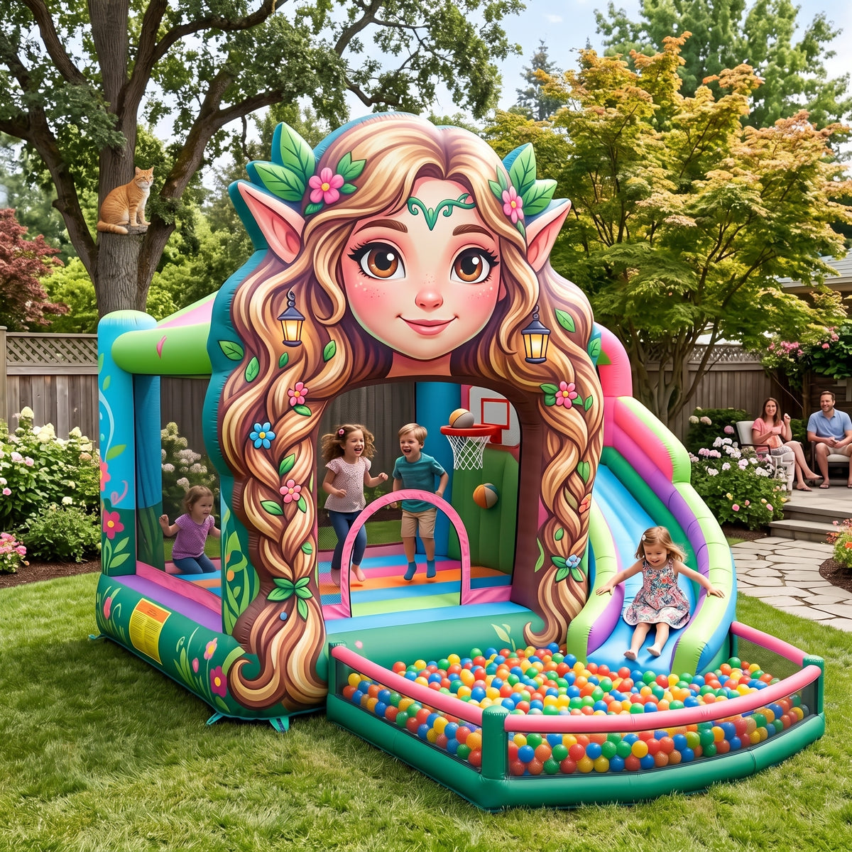 Play Bounce House Jumping Playhouse area with Slide and Ball Pit Woodland Fairy's Head Castle Theme