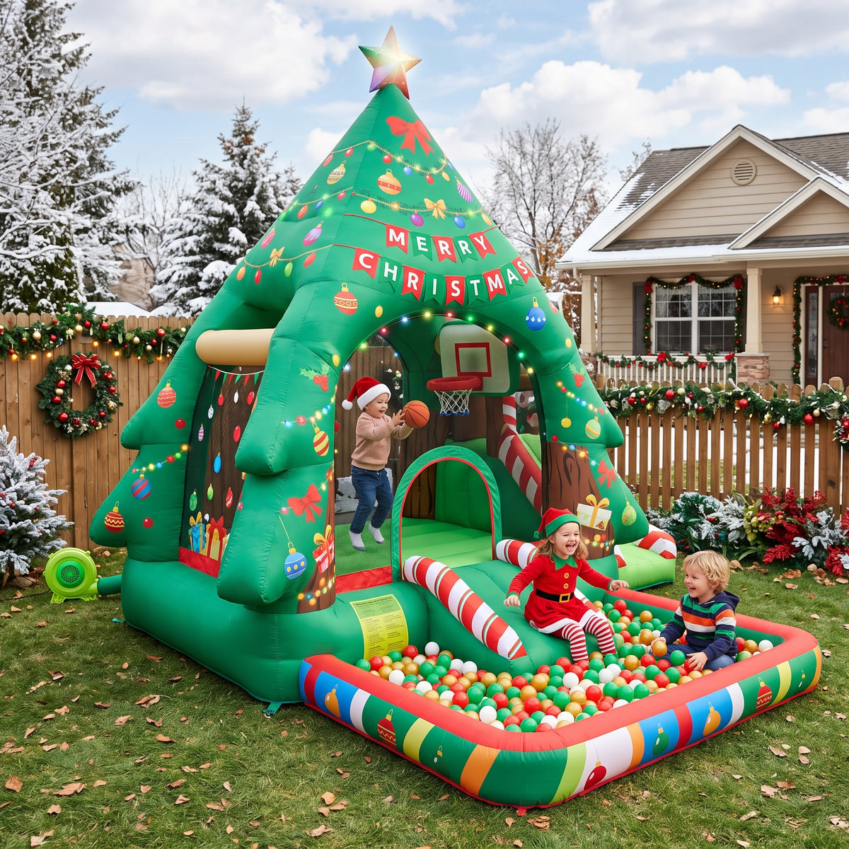 Play Bounce House Jumping Playhouse area with Slide and Ball Pit Christmas Tree Theme