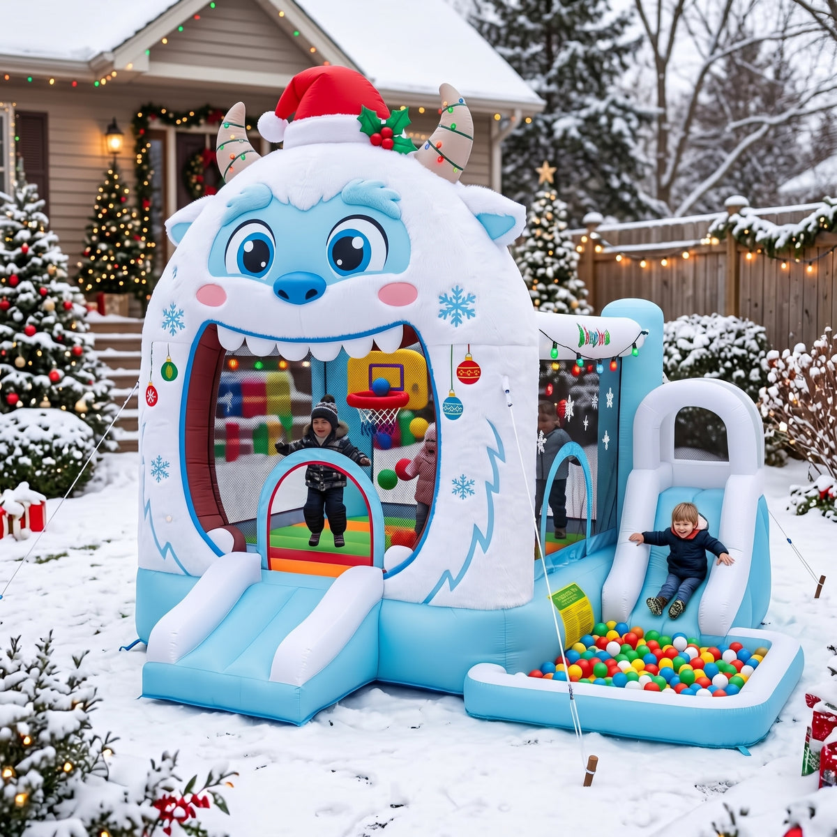 Play Bounce House Jumping Playhouse area with Slide and Ball Pit Christmas Yeti's Head Castle Theme