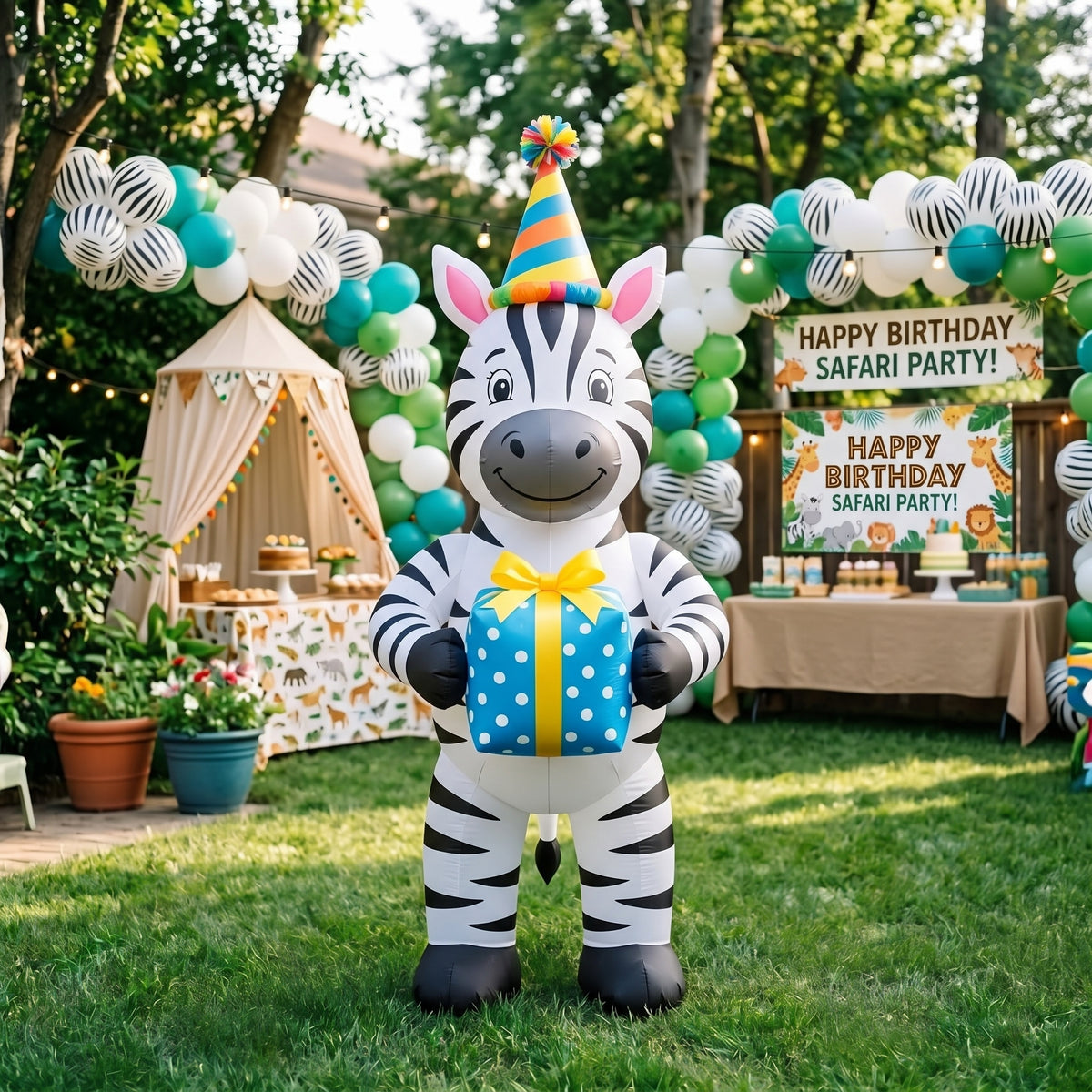 5' Safari Zebra with Birthday Hat and Present Yard Birthday Inflatable Blow Up Decor Prop