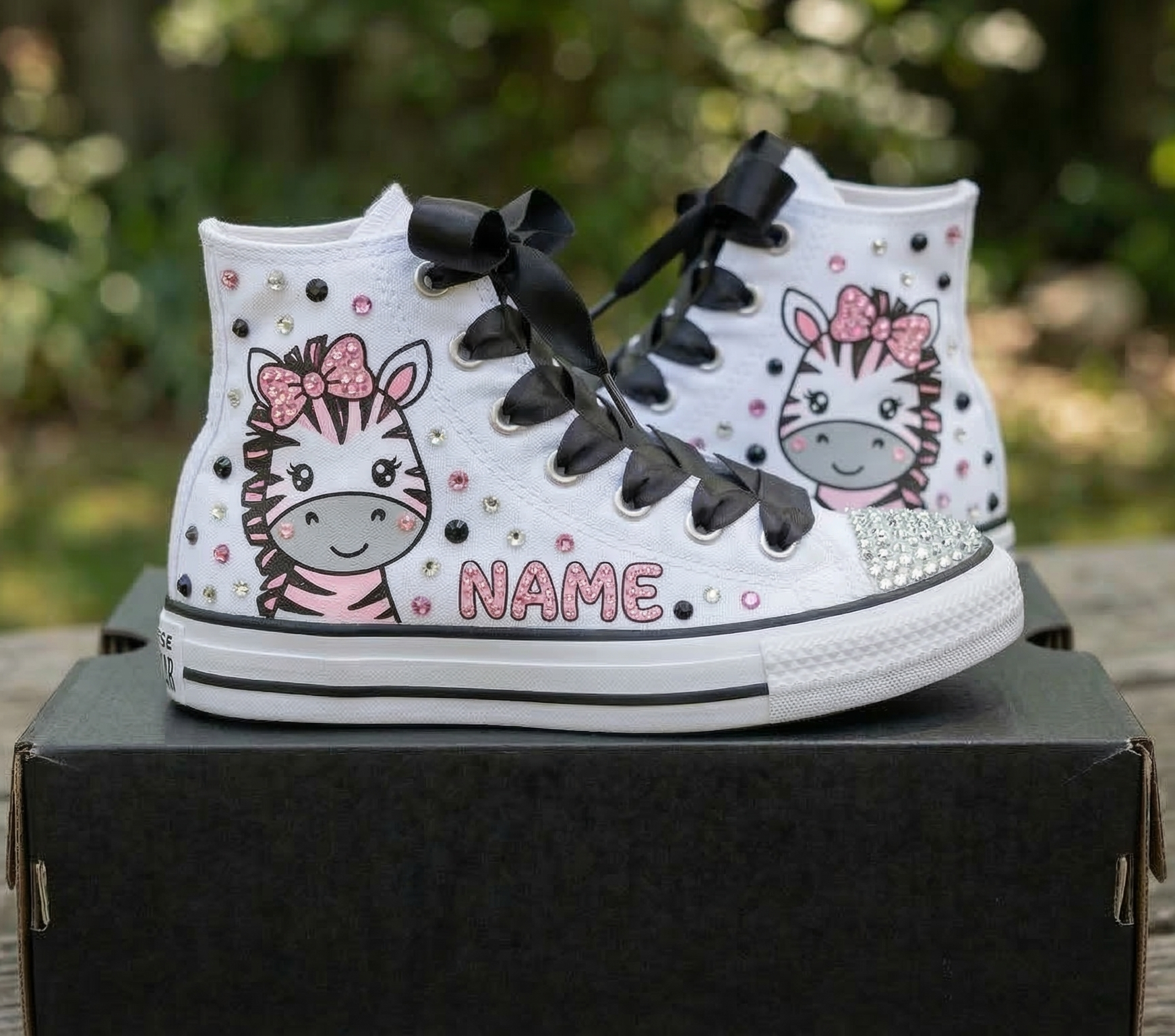 Custom Cute Safari Zebra Face High-Top Sneakers Shoes Personalized with Name, Ribbon Laces & Rhinestones Birthday Parties Everyday Gift