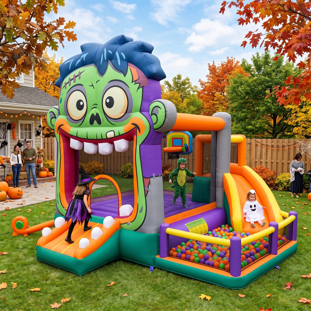 Play Bounce House Jumping Playhouse area with Slide and Ball Pit Halloween Zombie's Head Castle Theme