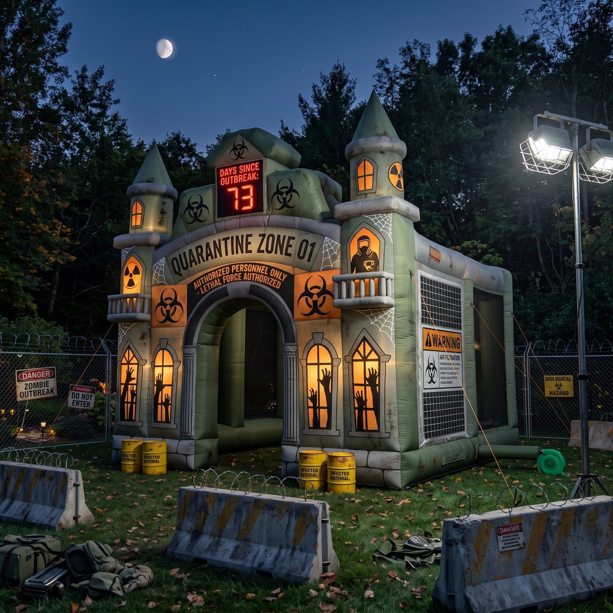 Zombie Outbreak / Quarantine Zone Theme Premium 10' x 10' Halloween Haunted House Inflatable Blow Up Walk-Through Archway Experience Decor Prop