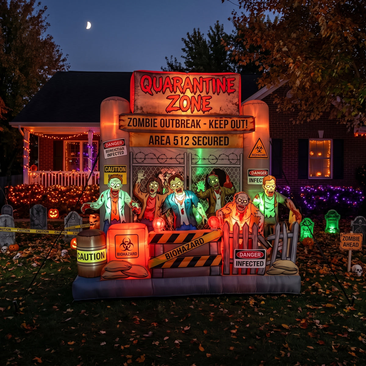 Massive 8-Foot-Tall Zombie Outbreak Quarantine Zone Colossal Multi-Tiered Halloween Yard Inflatable Scene Decor Prop