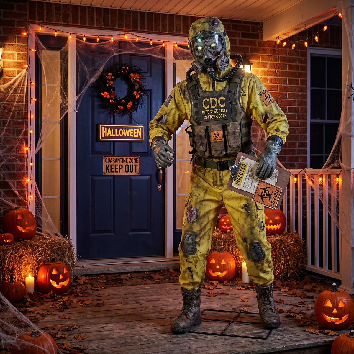 6' Animated Zombie Outbreak / Quarantine Zone CDC Hazmat Infected Worker Figure Music Lights Motion Sensor Halloween Home Decor Accent Yard Prop