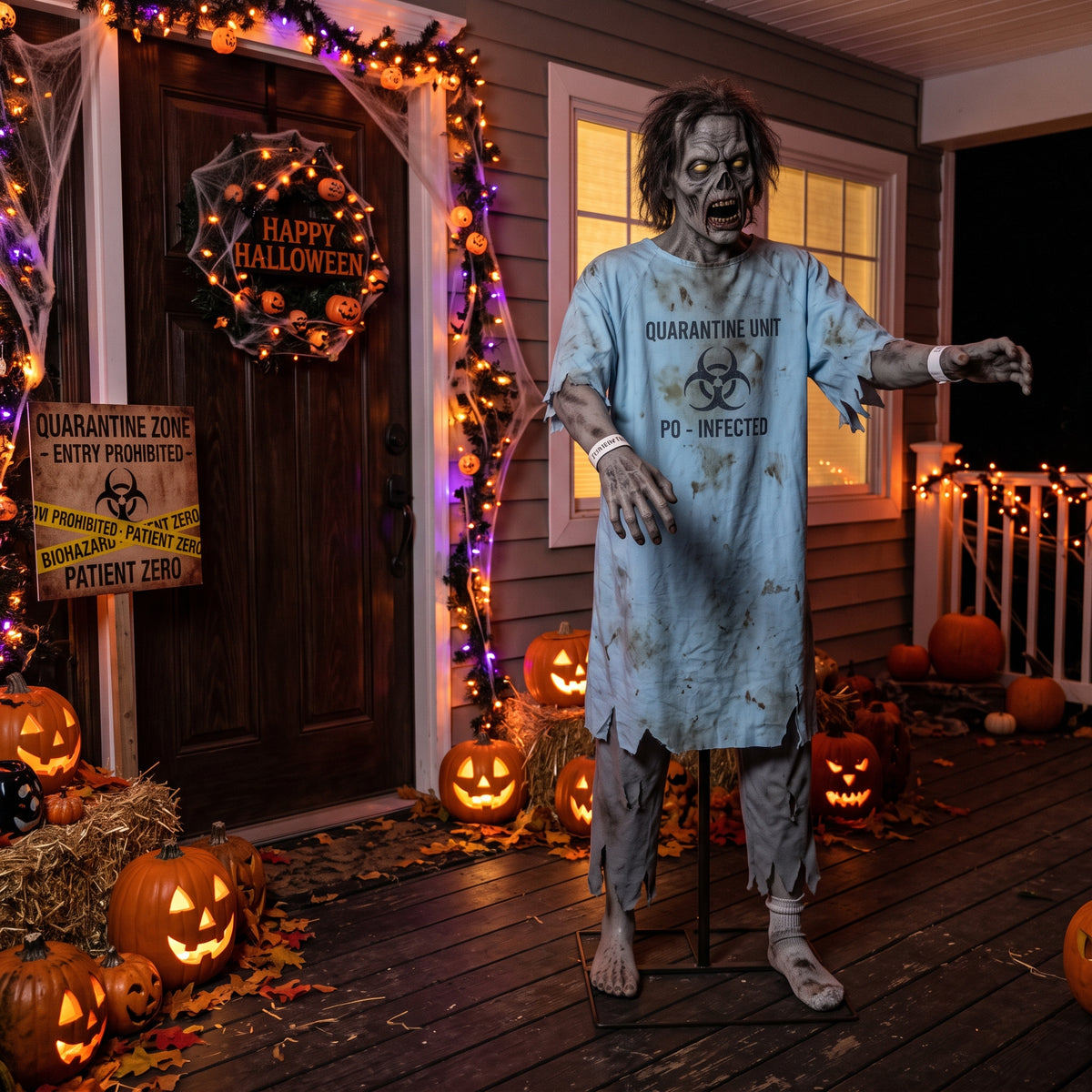 6' Animated Zombie Outbreak / Quarantine Zone Infected Patient Figure Music Lights Motion Sensor Halloween Home Decor Accent Yard Prop